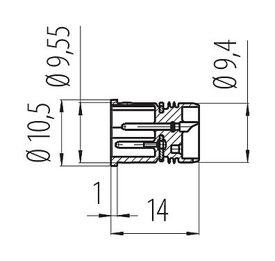 Dessin coté M12 Encastrable mâle, Contacts: 2+PE, non blindé, souder, IP67, UL