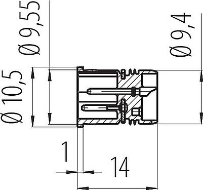 Dessin coté M12 Encastrable mâle, Contacts: 2+PE, non blindé, souder, IP67, UL