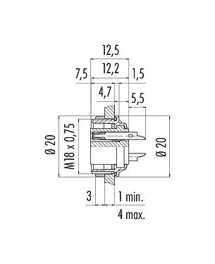 Scale drawing M16 Female panel mount connector, Contacts: 2 (02-a), unshielded, solder, IP67, UL 2238, M18x0,75, Rear mounting