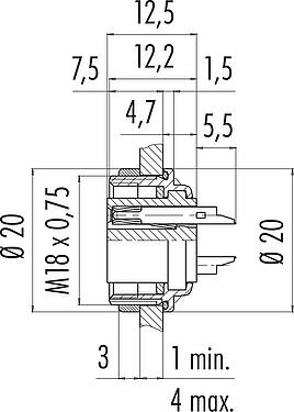 Scale drawing M16 Female panel mount connector, Contacts: 6 (06-a), unshielded, solder, IP67, UL 2238, M18x0,75, Rear mounting