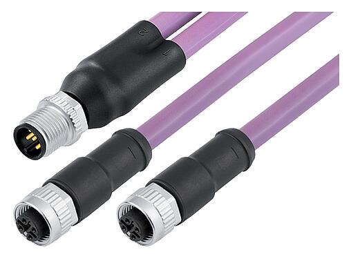 Illustration M12 Male cable splitter - 2 female cable connectors, Contacts: 5, shielded, moulded on the cable, IP67, CAN-Bus, PUR, violet, 1 x 2 x AWG 22 + 1 x 2 x AWG 24, 1 m