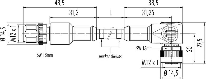 Dessin coté M12 Câble de raccordement connecteur mâle - connecteur femelle coudé, Contacts: 5, non blindé, surmoulé sur le câble, IP68/IP69K, UL 2238, PUR, noir, 5 x 0,34 mm², 2 m