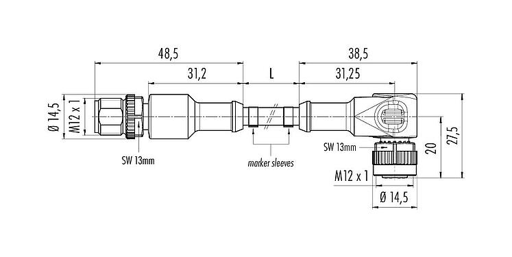 Scale drawing M12 Male cable connector - female angled connector, Contacts: 5, unshielded, moulded on the cable, IP68/IP69K, PVC, grey, 5 x 0.34 mm², 10 m