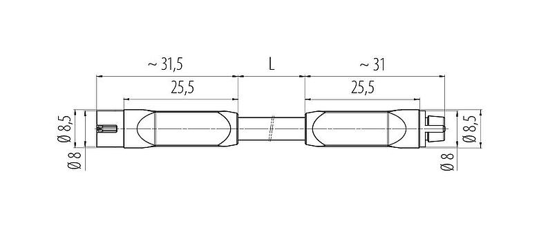 Scale drawing Snap-In Connecting cable male cable connector - female cable connector, Contacts: 4, unshielded, moulded on the cable, IP40, PVC, black, 4 x 0.25 mm², 2 m
