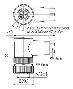 Scale drawing M12 Female angled connector, Contacts: 4, 4.0-6.0 mm, unshielded, wire clamp, IP67