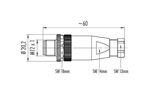 Scale drawing M12 Male cable connector, Contacts: 4, 6.0-8.0 mm, unshielded, crimping (Crimp contacts must be ordered separately), IP67, UL 2238