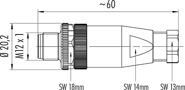 Scale drawing M12 Male cable connector, Contacts: 4, 6.0-8.0 mm, unshielded, crimping (Crimp contacts must be ordered separately), IP67, UL 2238