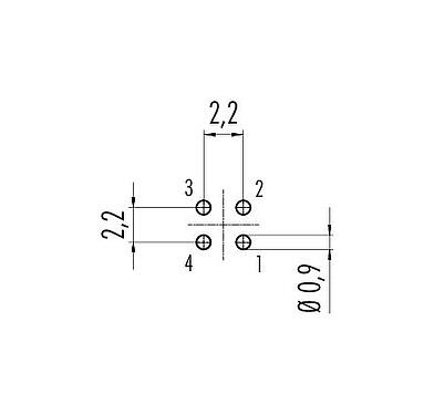 Conductor layout 09 0411 90 04 - M9 Male panel mount connector, Contacts: 4, unshielded, THT, IP67, Front mounting