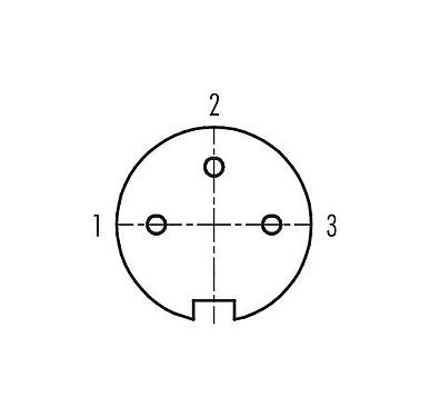 Disposition des contacts (Côté plug-in) 09 0136 78 03 - M16 Connecteur femelle coudé, Contacts: 3 (03-a), 6,0-8,0 mm, non blindé, souder, IP40