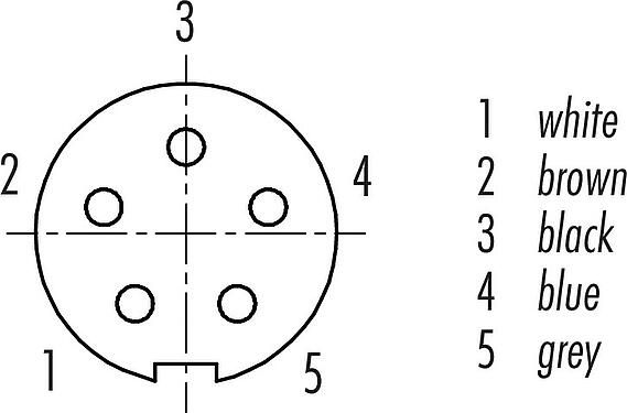 Contact arrangement (Plug-in side) M9 Female angled connector, Contacts: 5, unshielded, moulded on the cable, IP67, PUR, black, 5 x 0.25 mm², 5 m