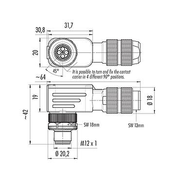 Dibujo a escala M12 Conector macho en ángulo, Número de contactos: 4, 5,0-8,0 mm, blindable, crimpado (los contactos de crimpado deben pedirse por separado), IP67, UL 2238