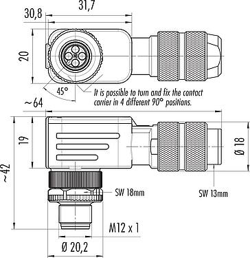 Scale drawing M12 Male angled connector, Contacts: 4, 5.0-8.0 mm, shieldable, crimping (Crimp contacts must be ordered separately), IP67, UL 2238