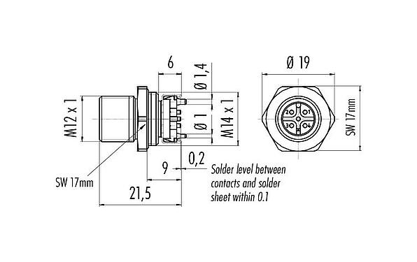 Dessin coté M12 Embase mâle, Contacts: 5, non blindé, SMT, IP67, M12x1,0, Montage frontal