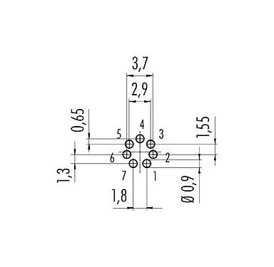 Conductor layout 09 0423 90 07 - M9 Male panel mount connector, Contacts: 7, unshielded, THT, IP67, front fastened