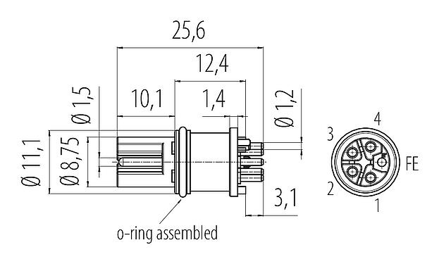 Dessin coté M12 Encastrable femelle, Contacts: 5, non blindé, THR, IP68, UL 2238, Montage frontal
