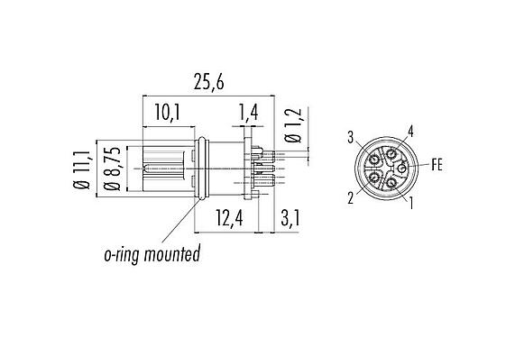 Scale drawing 09 0642 100 05 - M12 Female receptacle, Contacts: 4+FE, unshielded, THR, IP68, UL