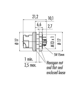 Scale drawing 09 0762 000 05 - Bayonet Female panel mount connector, Contacts: 5, unshielded, solder, IP54 unplugged, M13x1,0, Front mounting