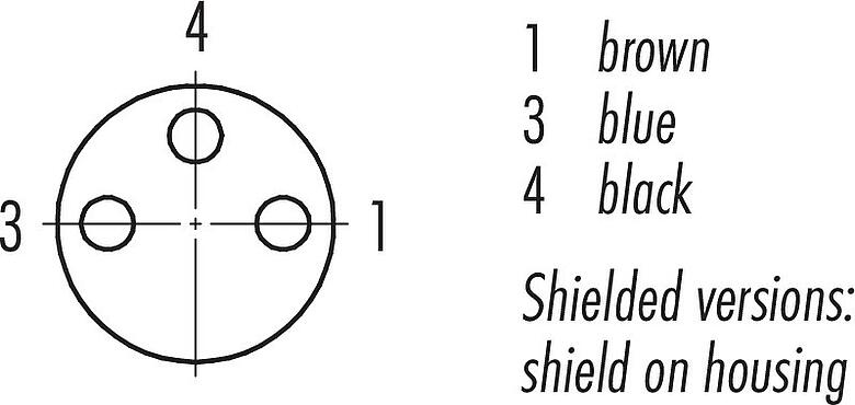 Contact arrangement (Plug-in side) M8 Female cable connector, Contacts: 3, shielded, moulded on the cable, IP67/IP69K, PUR, black, 3 x 0.34 mm², 2 m