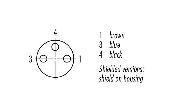 Disposición de los contactos (lado de la conexión) M8 Conector hembra en ángulo, Número de contactos: 3, blindado, moldeado en el cable, IP67, PUR, negro, 3 x 0,34 mm², 10 m