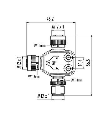 Scale drawing M12 Twin distributors, T-distributor, male connector - 2 female connector, Contacts: 5, unshielded, pluggable, IP68, UL 2238