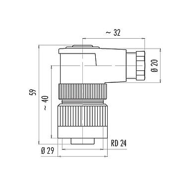 Dessin coté RD24 Connecteur femelle coudé, Contacts: 3+PE, 6,0-8,0 mm, non blindé, pince à visser, IP67, UL, ESTI+, VDE, PG 9