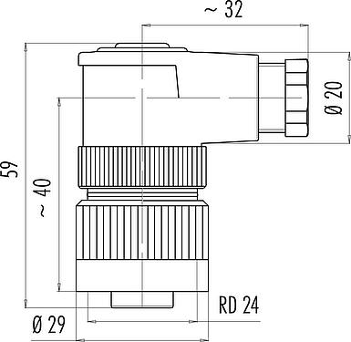 Scale drawing RD24 Female angled connector, Contacts: 6+PE, 6.0-8.0 mm, unshielded, solder, IP67, UL, ESTI+, VDE, PG 9