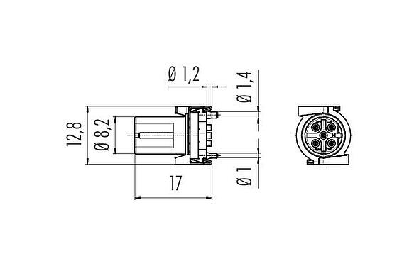 Dessin coté 09 0444 601 05 - M12 Encastrable femelle, Contacts: 5, blindable, SMT, IP67