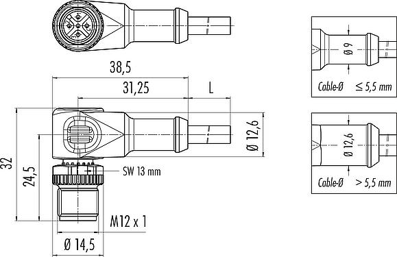 Scale drawing M12 Male angled connector, Contacts: 8, shielded, moulded on the cable, IP67, PUR, black, 7 x 0.25 mm², 2 m