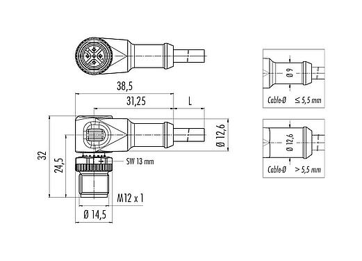 Dibujo a escala M12 Conector macho en ángulo, Número de contactos: 3, sin blindaje, moldeado en el cable, IP68/IP69K, UL 2238, PUR, negro, 3 x 0,34 mm², 2 m