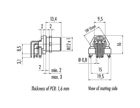 Dessin coté M12 Embase mâle, coudé, Contacts: 8, non blindé, THR, IP68, UL 2238, Montage mural arrière, pour assemblage PCB