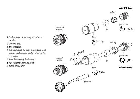 Assembly instructions M12 Male cable connector, Contacts: 5, 6.0-8.0 mm, unshielded, wire clamp, IP67