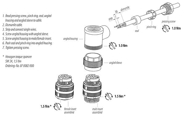Instrucción de montaje 7/8" Conector macho en ángulo, Número de contactos: 4+PE, 6,0-8,0 mm, sin blindaje, tornillo extraíble, IP67, UL 2238, VDE