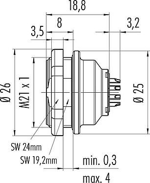 Dibujo a escala Push Pull Toma de brida, Número de contactos: 14, sin blindaje, soldadura, IP67, M21x1,0, Montaje en pared