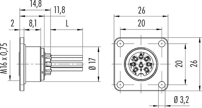 Dibujo a escala M16 Toma de brida, Número de contactos: 7 (07-a), sin blindaje, hilos, IP67, UL 2238, M18x0,75, Montaje frontal