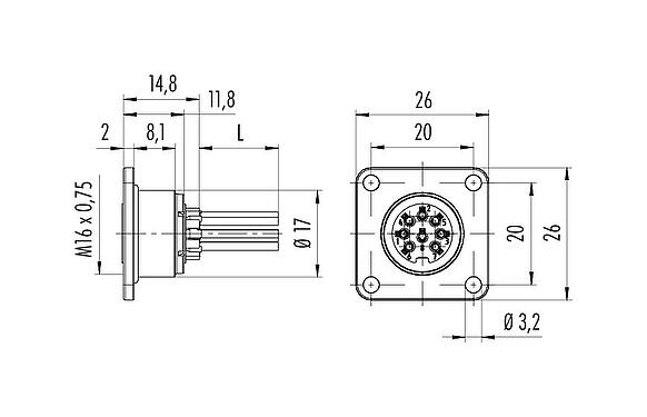 Scale drawing M16 Female panel mount connector, Contacts: 6 (06-a), unshielded, single wires, IP67, UL 2238, M18x0,75, Front mounting