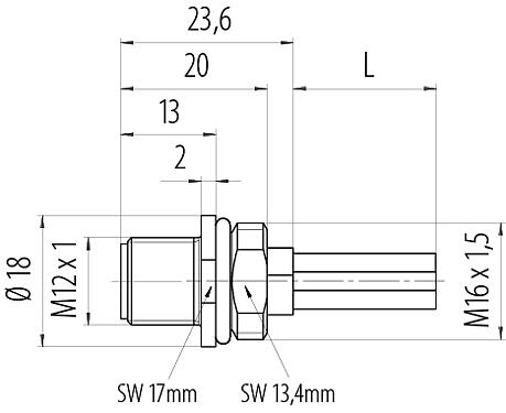 Dibujo a escala M12 Enchufe de brida, Número de contactos: 4, sin blindaje, hilos, IP68, UL 2238, M16x1,5, Montaje frontal, moldeado