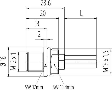 Dibujo a escala M12 Enchufe de brida, Número de contactos: 4, sin blindaje, hilos, IP68, UL 2238, M16x1,5, Montaje frontal, moldeado
