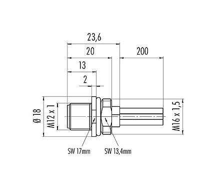Scale drawing 09 0691 300 04 - M12 Male panel mount connector, Contacts: 3+PE, unshielded, single wires, IP68, UL, M16x1.5