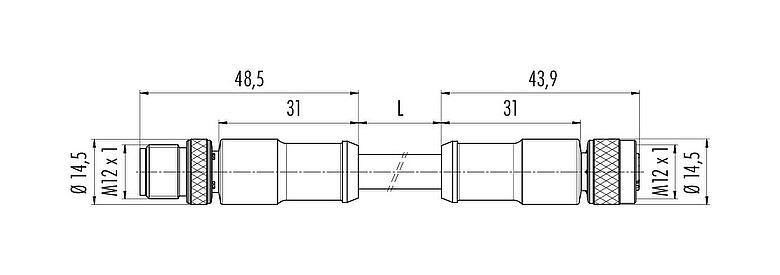 Scale drawing M12 Connecting cable male cable connector - female cable connector, Contacts: 8, shielded, moulded on the cable, IP67, Ethernet CAT5e, TPE, teal, 4 x 2 x AWG 24, 5 m