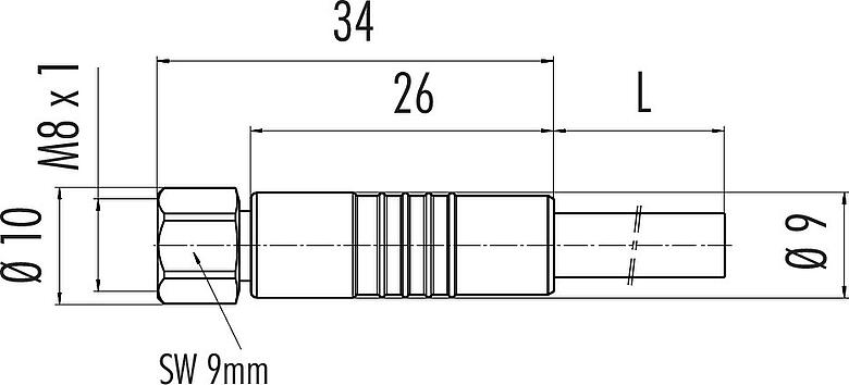 Scale drawing M8 Female cable connector, Contacts: 4, unshielded, moulded on the cable, IP67/IP69K, UL 2238, PVC, grey, 4 x 0.34 mm², stainless steel, 2 m