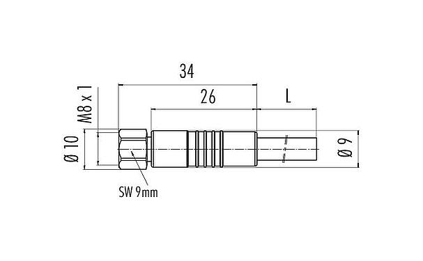 Dibujo a escala M8 Conector de cable hembra, Número de contactos: 4, sin blindaje, moldeado en el cable, IP67/IP69K, UL 2238, PUR, negro, 4 x 0,34 mm², Acero inoxidable, 5 m