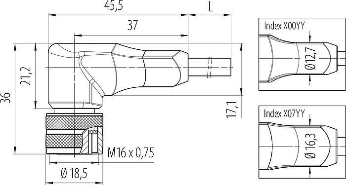 Scale drawing M16 Female angled connector, Contacts: 4, shielded, moulded on the cable, IP67, PUR, black, 4 x 0.34 mm², 5 m