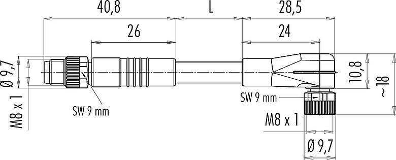 Scale drawing M8 Connecting cable male cable connector - female angled connector with LED, Contacts: 3, unshielded, moulded on the cable, IP67/IP69K, UL 2238, PUR, black, 3 x 0.34 mm², with LED PNP closer, 2 m