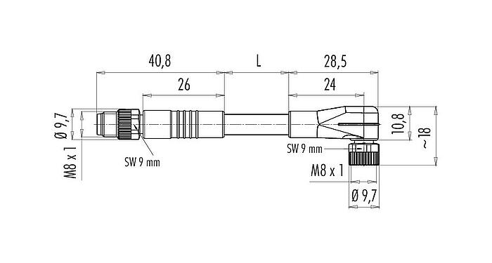 Dessin coté M8 Câble de raccordement connecteur mâle - connecteur femelle coudé avec LED, Contacts: 3, non blindé, surmoulé sur le câble, IP67/IP69K, UL 2238, PUR, noir, 3 x 0,34 mm², avec LED, PNP, 2 m