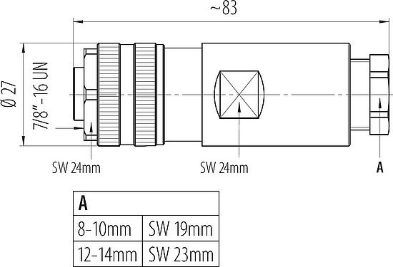 Scale drawing 7/8" Female cable connector, Contacts: 4+PE, 12.0-14.0 mm, unshielded, screw clamp, IP67, UL 2238, VDE