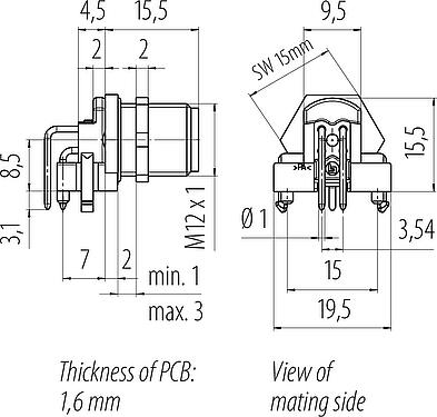 Dibujo a escala M12 Enchufe de brida, Número de contactos: 4, blindable, THR, IP67, UL 2238, M12x1,0, Montaje en pared