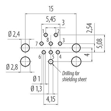 Disposition du conducteur 99 3482 601 08 - M12 Embase femelle, Contacts: 8, blindable, THR, IP68, UL 2238, M12x1,0, Montage frontal, pour assemblage PCB