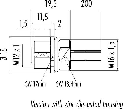 Scale drawing M12 Female panel mount connector, Contacts: 4, unshielded, single wires, IP68, UL 2238, M16x1.5, Front mounting