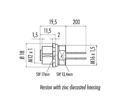 Dessin coté 76 0234 0011 00104-0200 - M12 Embase femelle, Contacts: 4, non blindé, fils, IP68, UL, M16x1,5