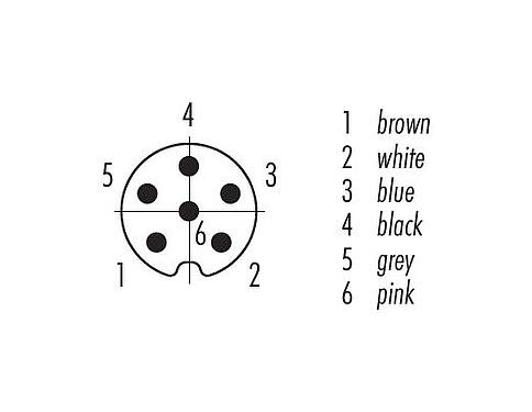 Disposition des contacts (Côté plug-in) M8 Connecteur mâle, Contacts: 6, non blindé, surmoulé sur le câble, IP67/IP69K, UL 2238, PUR, noir, 6 x 0,25 mm², 5 m
